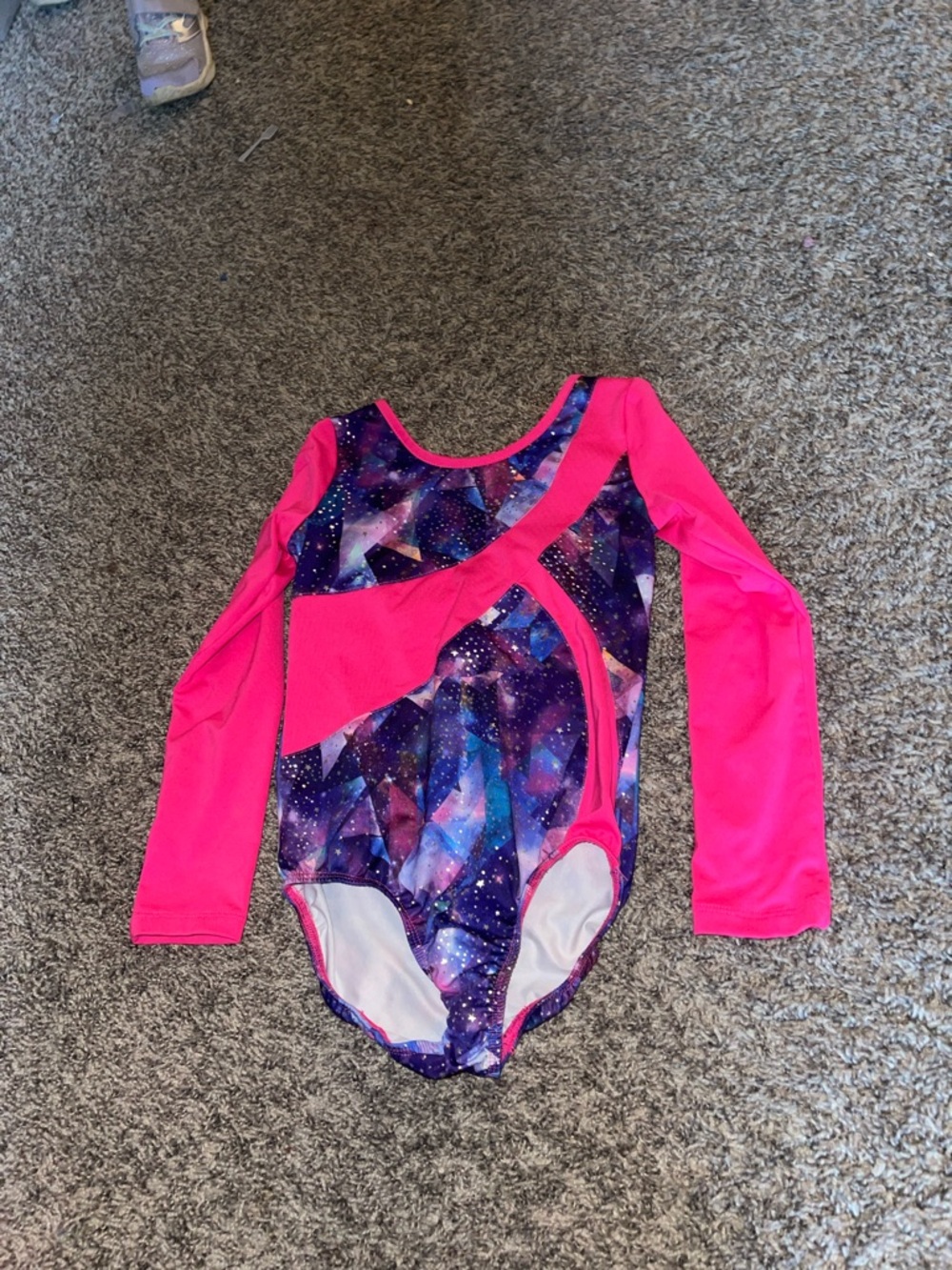 Girls Long Sleeve Gymnastics Leotard in Hot Pink & Galaxy Print